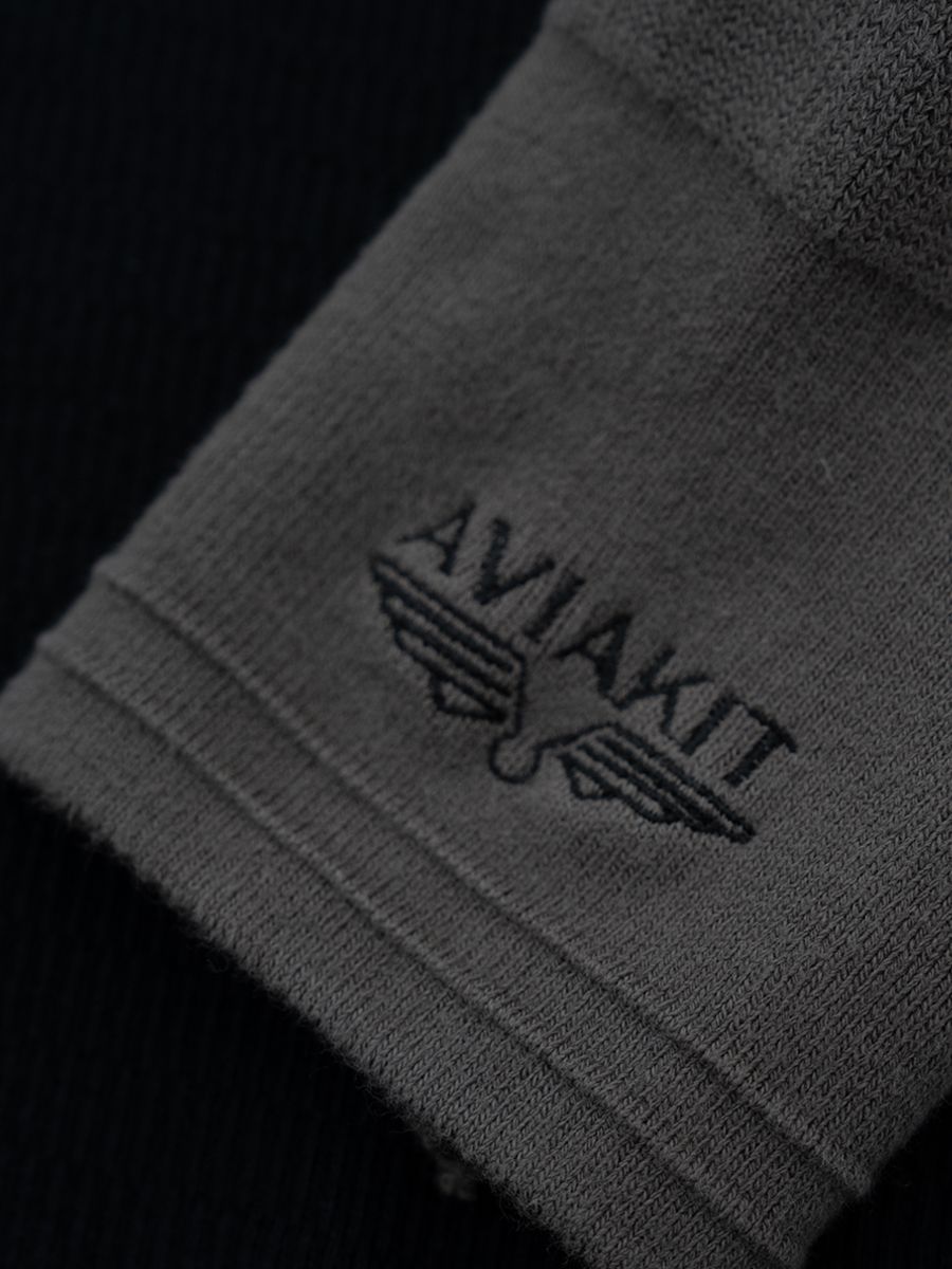 "AVIAKIT WAFFEL" T-SHIRTS HENLEY NECK (BLACK×GRAY)