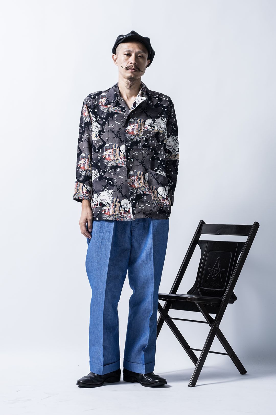 "KUNIYOSHI UTAGAWA" THREE QUARTER SLEEVE NIGHT HAWAIIAN SHRT / YOZAKURA & SKULL
