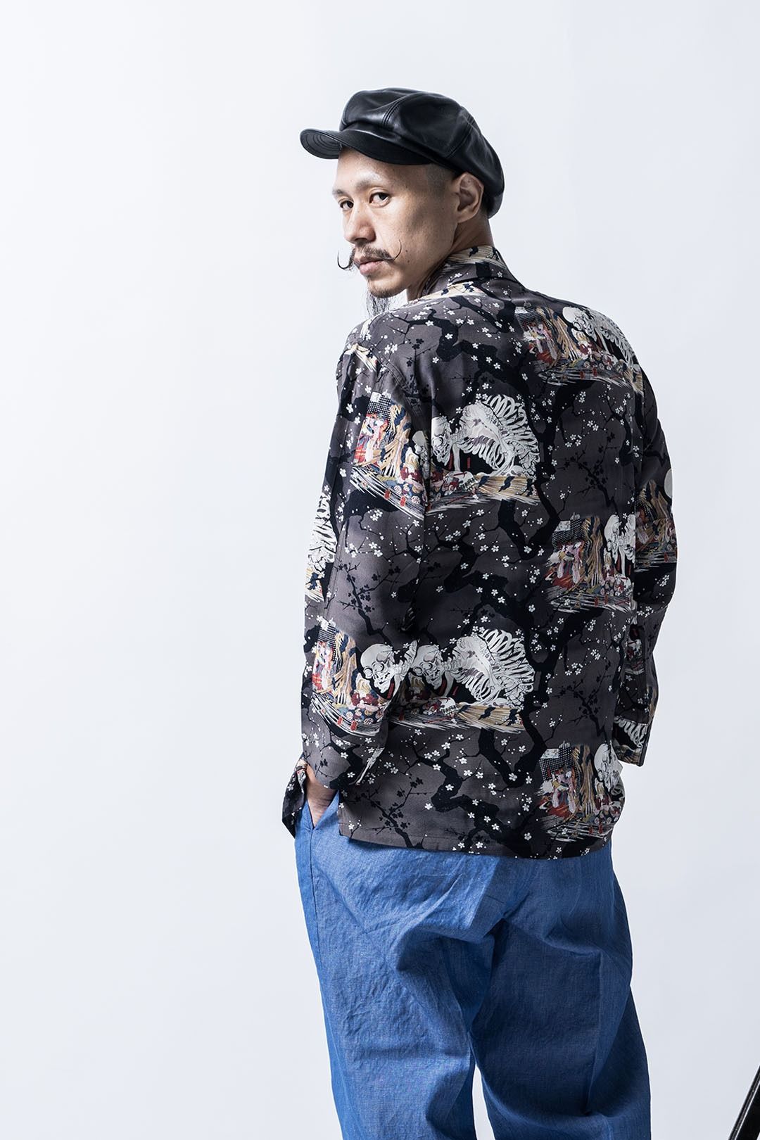 "KUNIYOSHI UTAGAWA" THREE QUARTER SLEEVE NIGHT HAWAIIAN SHRT / YOZAKURA & SKULL