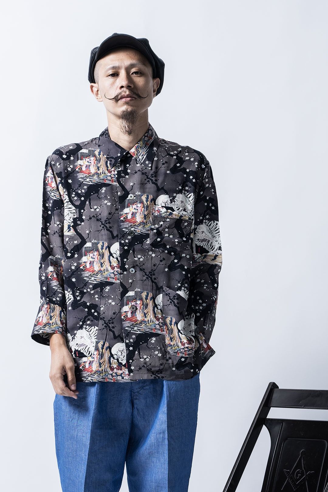 "KUNIYOSHI UTAGAWA" THREE QUARTER SLEEVE NIGHT HAWAIIAN SHRT / YOZAKURA & SKULL