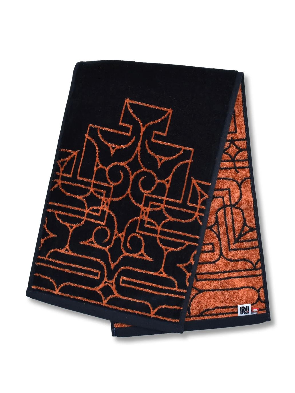 アイヌ文様の今治フェイスタオル (チカラカラペ - ネイビー×オレンジ)