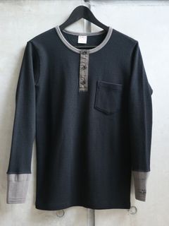 "AVIAKIT WAFFEL" T-SHIRTS HENLEY NECK (BLACK×GRAY)