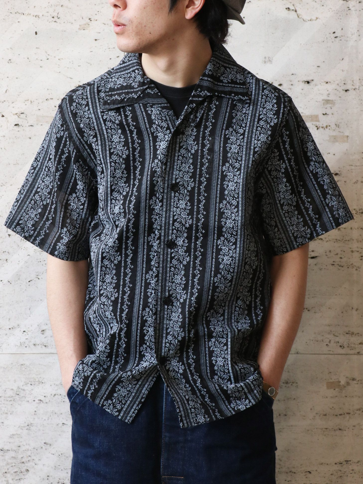 FLOWER STRIPE HAVANA SHIRT (CARIBBEAN BLACK