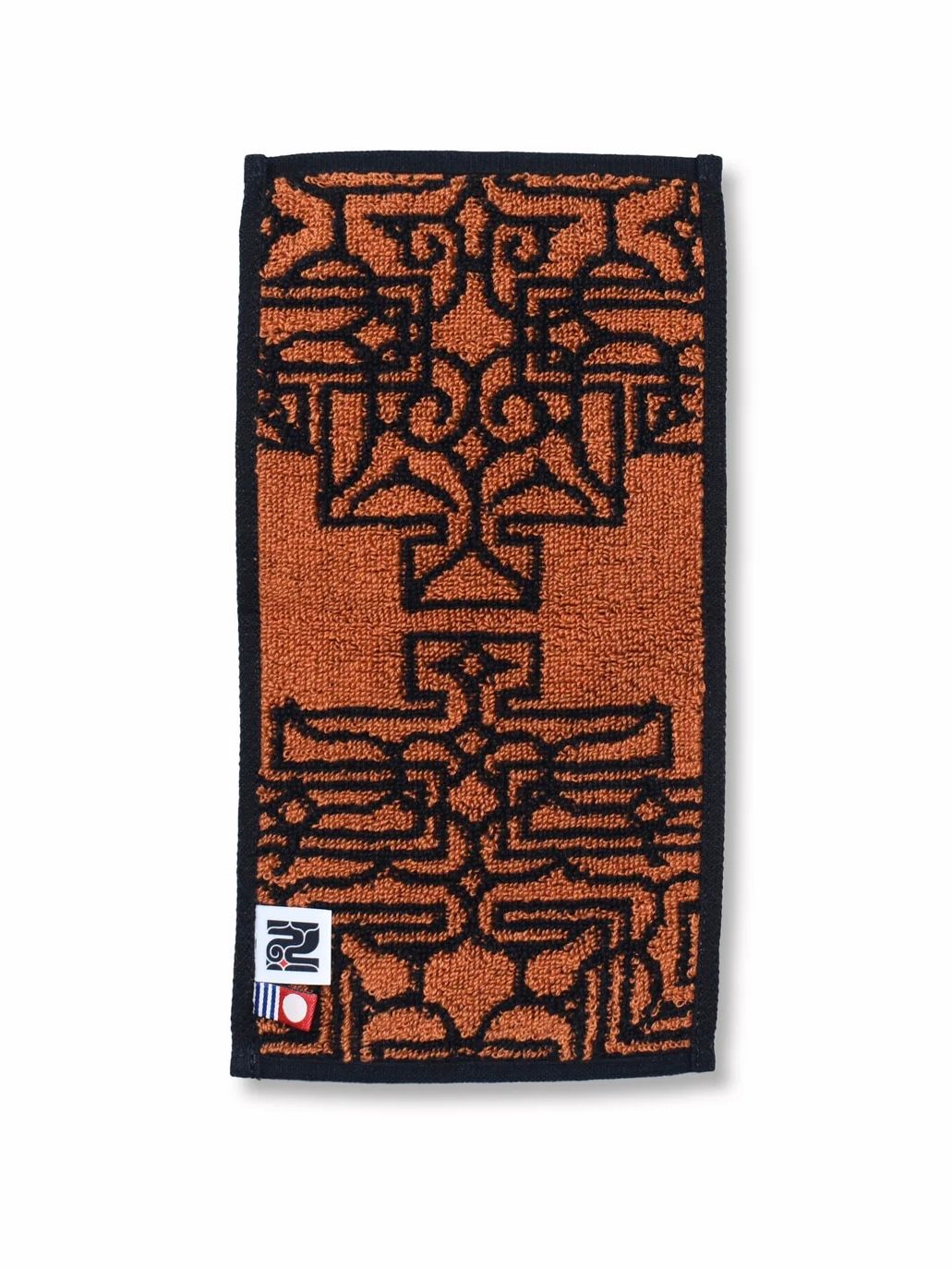 アイヌ文様の今治タオルハンカチ (チカラカラペ - ネイビー×オレンジ)