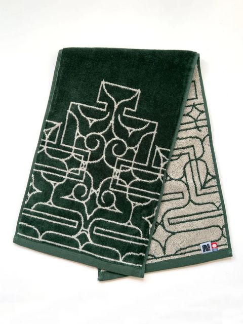 アイヌ文様の今治フェイスタオル (チカラカラペ - ダークグリーン×サンドベージュ)