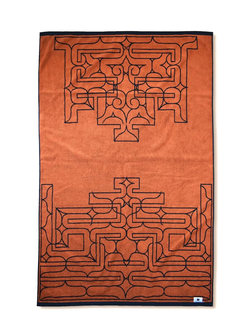 アイヌ文様の今治タオルブランケット (チカラカラペ - ネイビー×オレンジ)