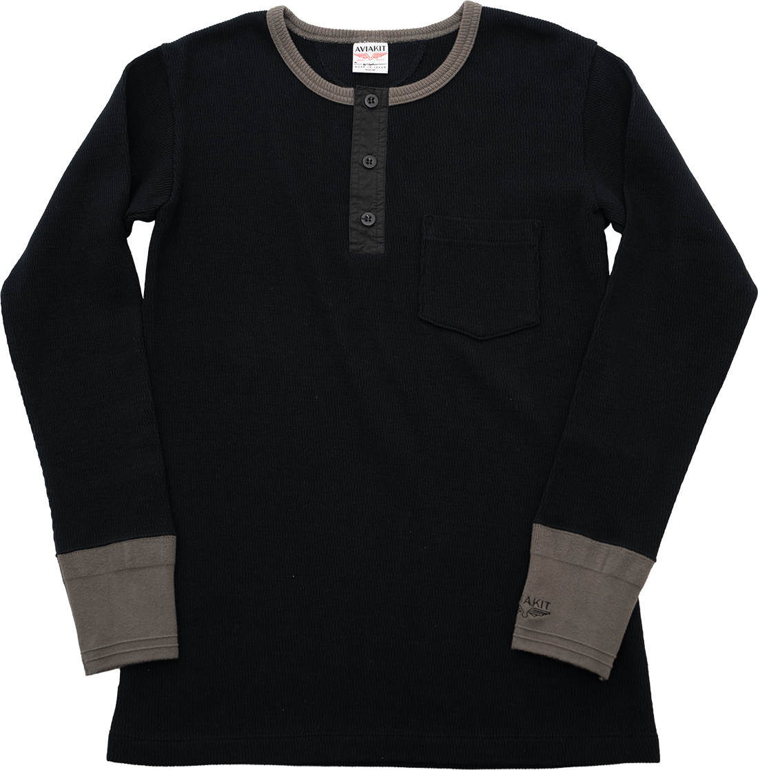 "AVIAKIT WAFFEL" T-SHIRTS HENLEY NECK (BLACK×GRAY)