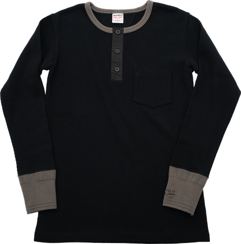 "AVIAKIT WAFFEL" T-SHIRTS HENLEY NECK (BLACK×GRAY)