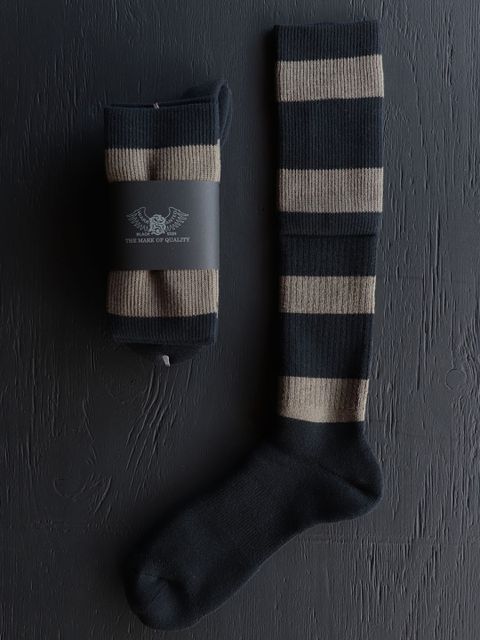 WIDE BOEDER BS FIT BOOTS SOCKS (MIDNIGHT BLACK × HIDE GREEN)