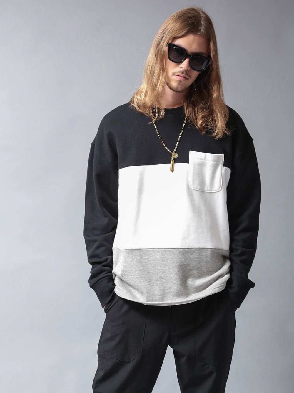 PANEL CREW NECK SWEAT(BLACK/WHITE/GRAY)