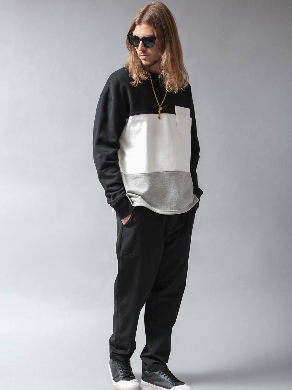 PANEL CREW NECK SWEAT(BLACK/WHITE/GRAY)