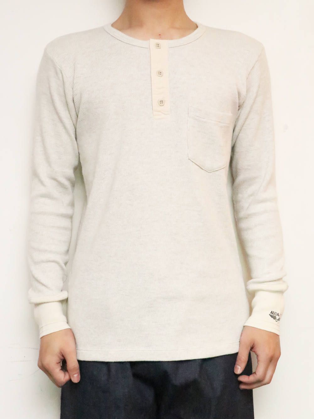 【即日発送可能】"AVIAKIT WAFFEL" T-SHIRTS HENLEY NECK (OATMEAL)
