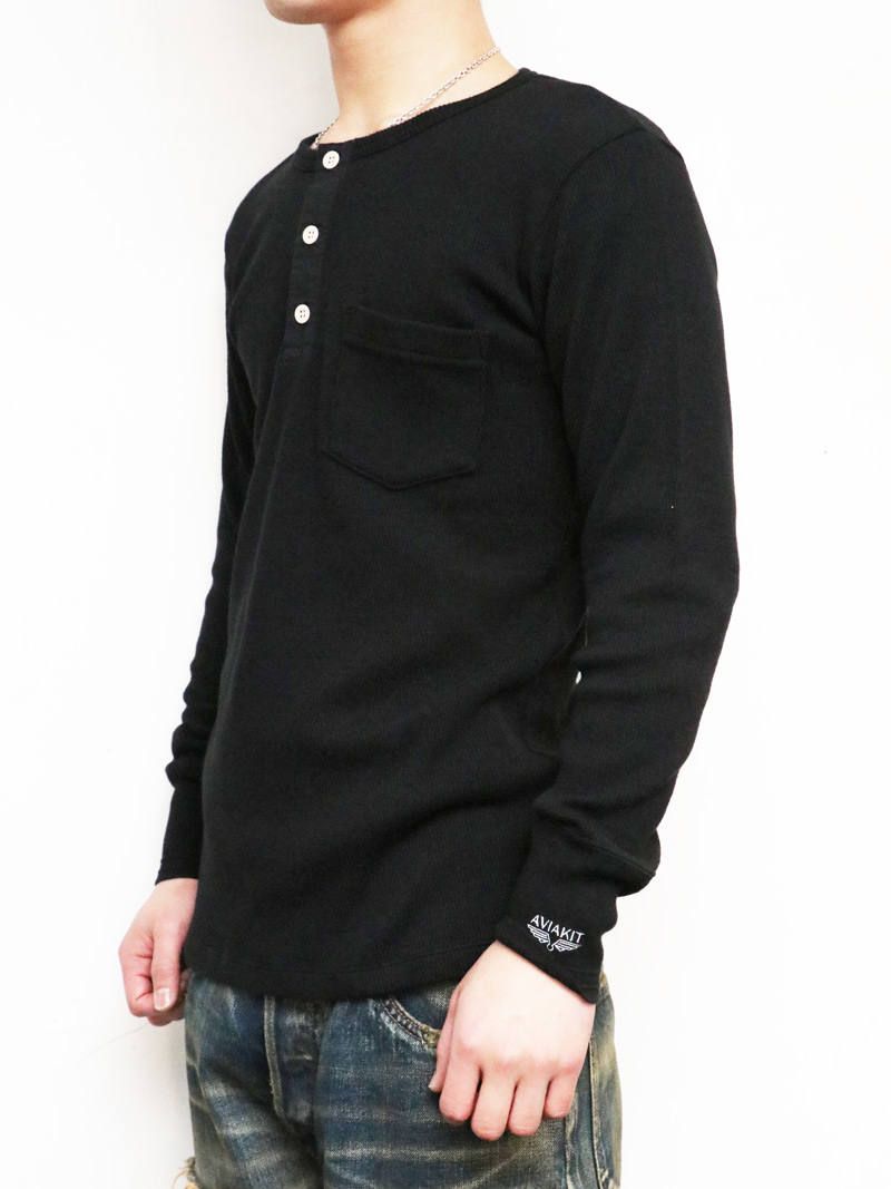 【即日発送可能】"AVIAKIT WAFFEL" T-SHIRTS HENLEY NECK (BLACK)