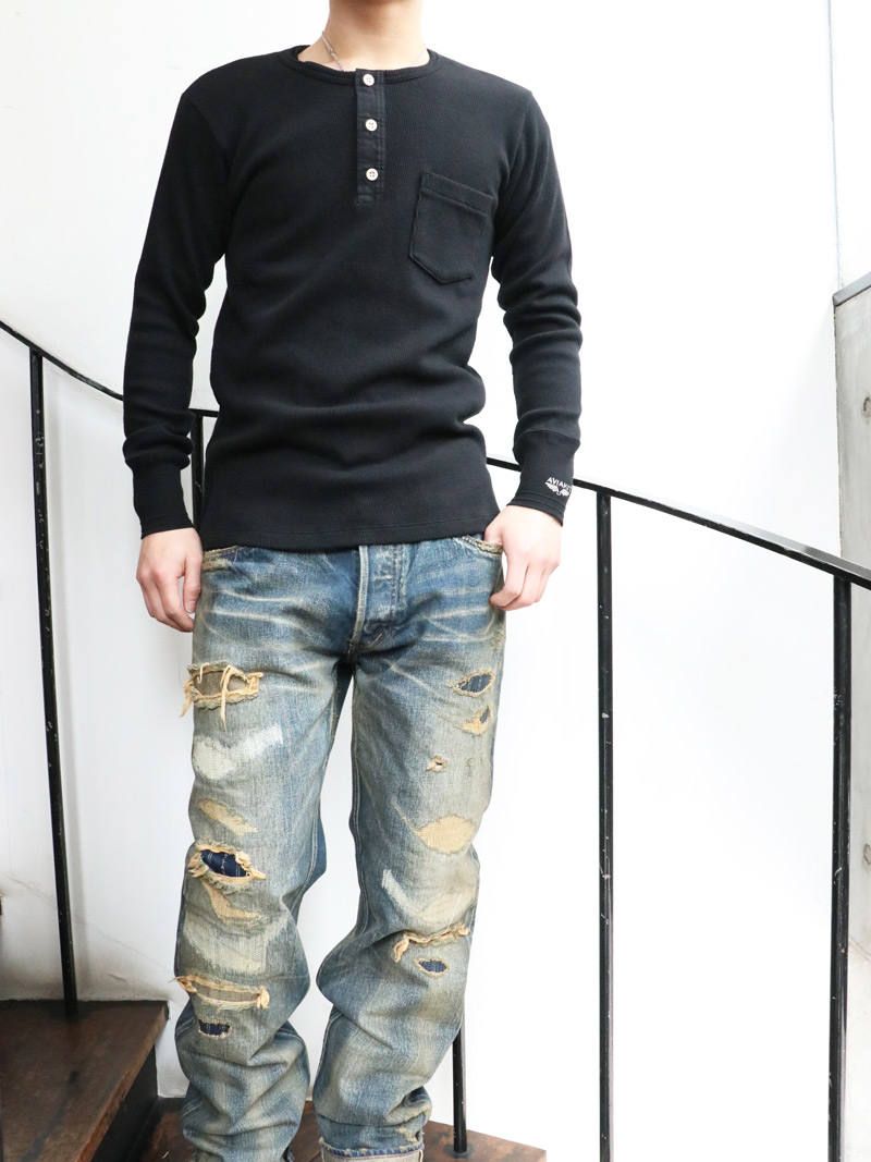 【即日発送可能】"AVIAKIT WAFFEL" T-SHIRTS HENLEY NECK (BLACK)
