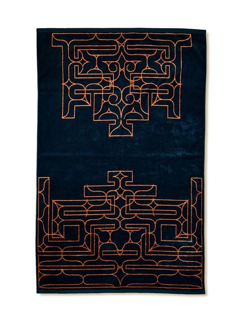 アイヌ文様の今治タオルブランケット (チカラカラペ - ネイビー×オレンジ)