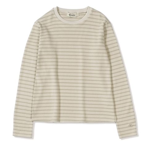 ミニワッフルボーダークルー (Women's)/ベージュ