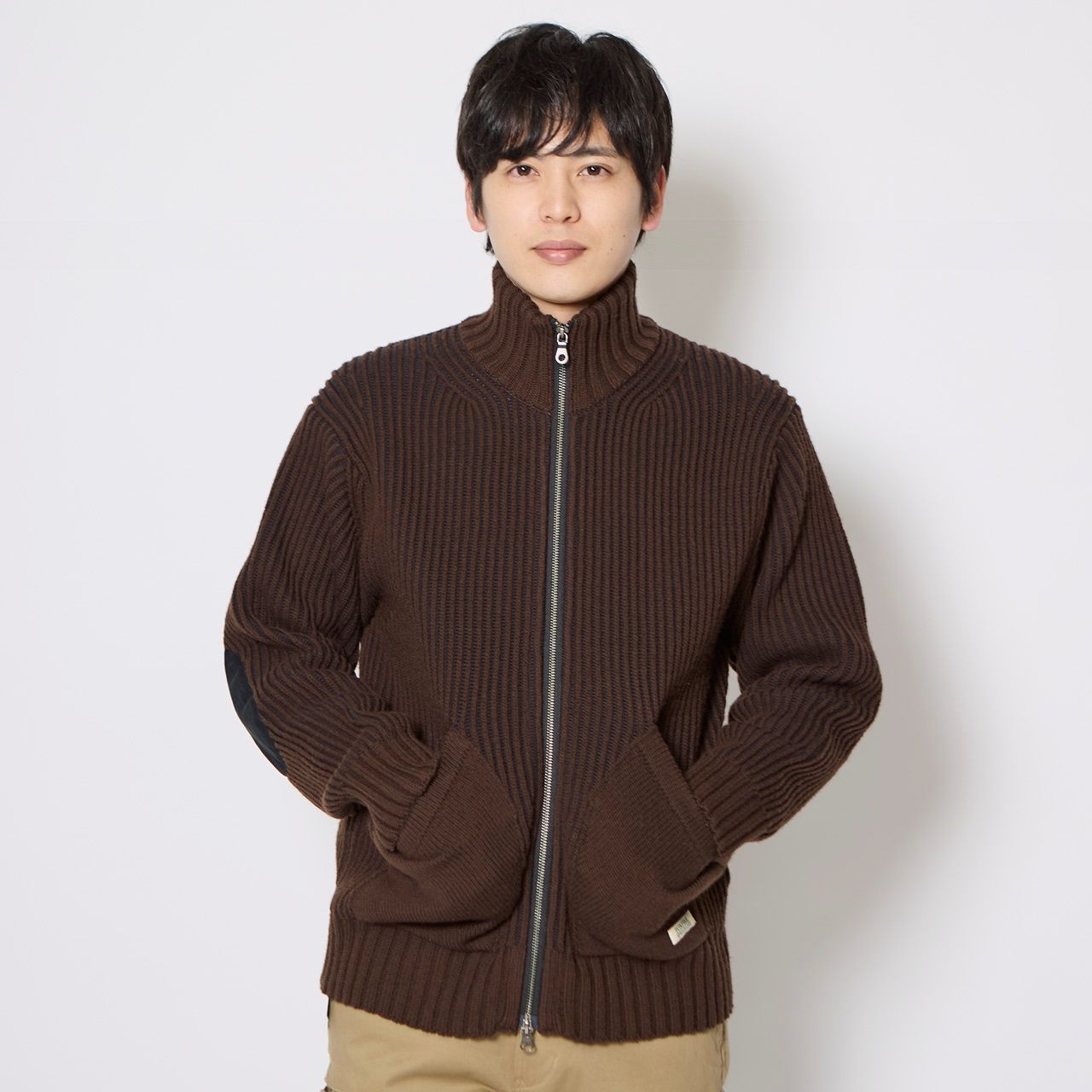 フィッシングFメリノジップセーター/ダークブラウン