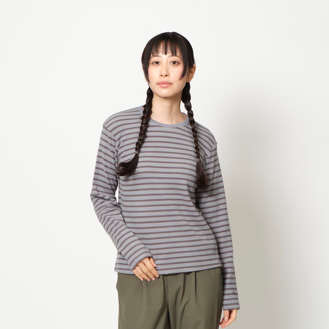 ミニワッフルボーダークルー (Women's)/ライトグレー
