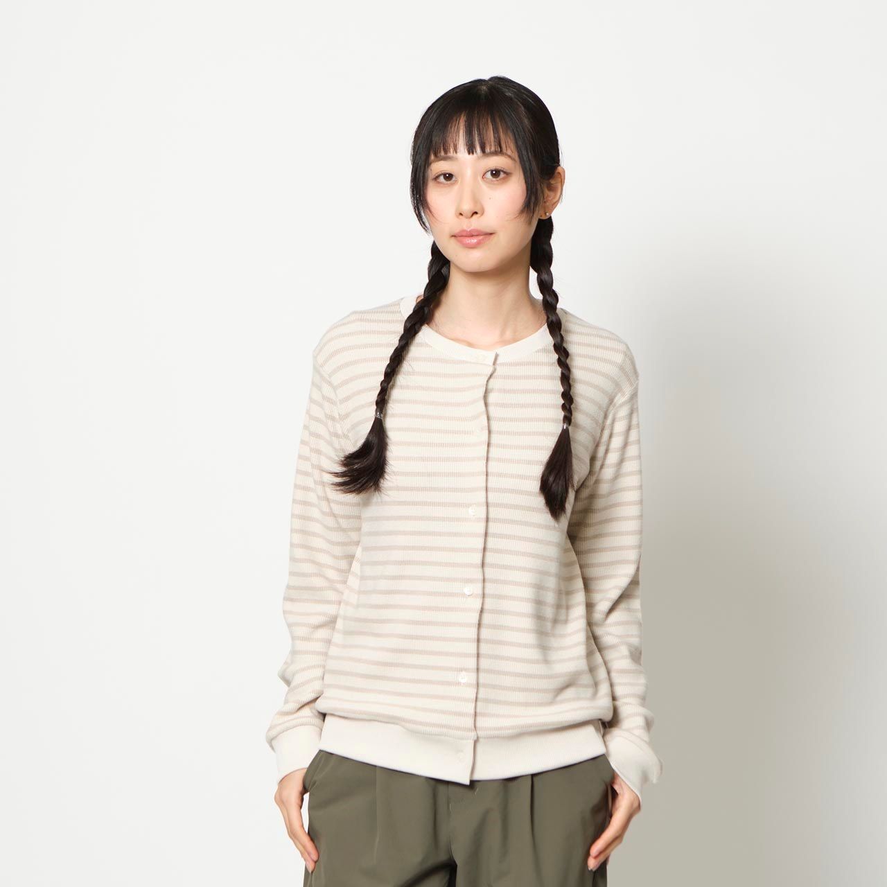 ミニワッフルボーダーカーディ (Women's)/チャコール
