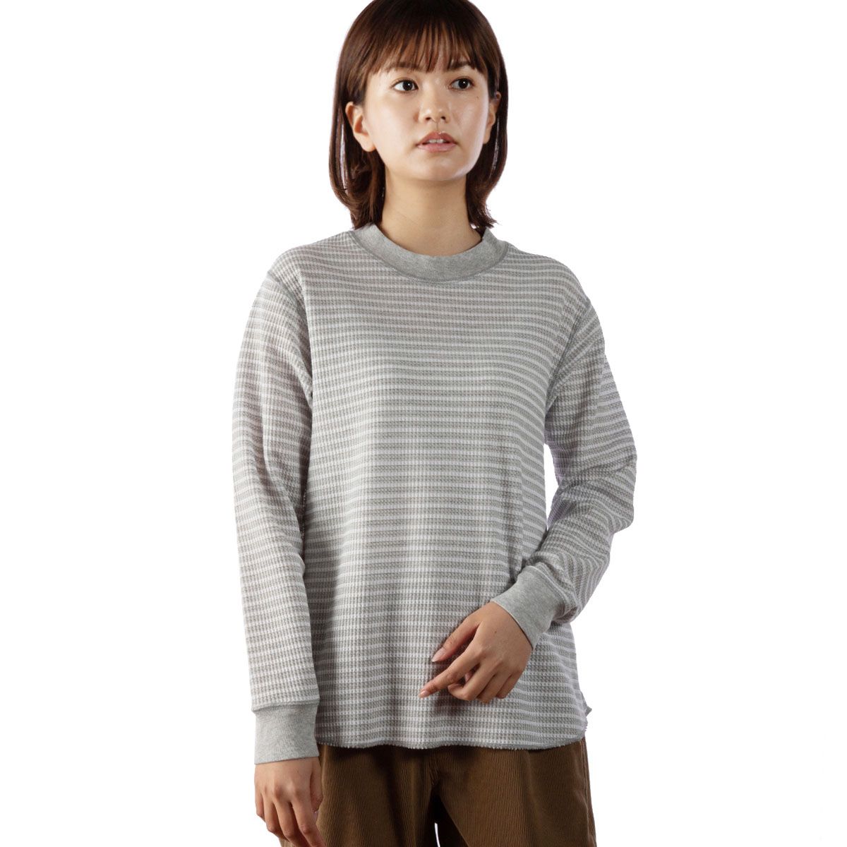 TCワッフルモッククルー(Women's)/ネイビーボーダー