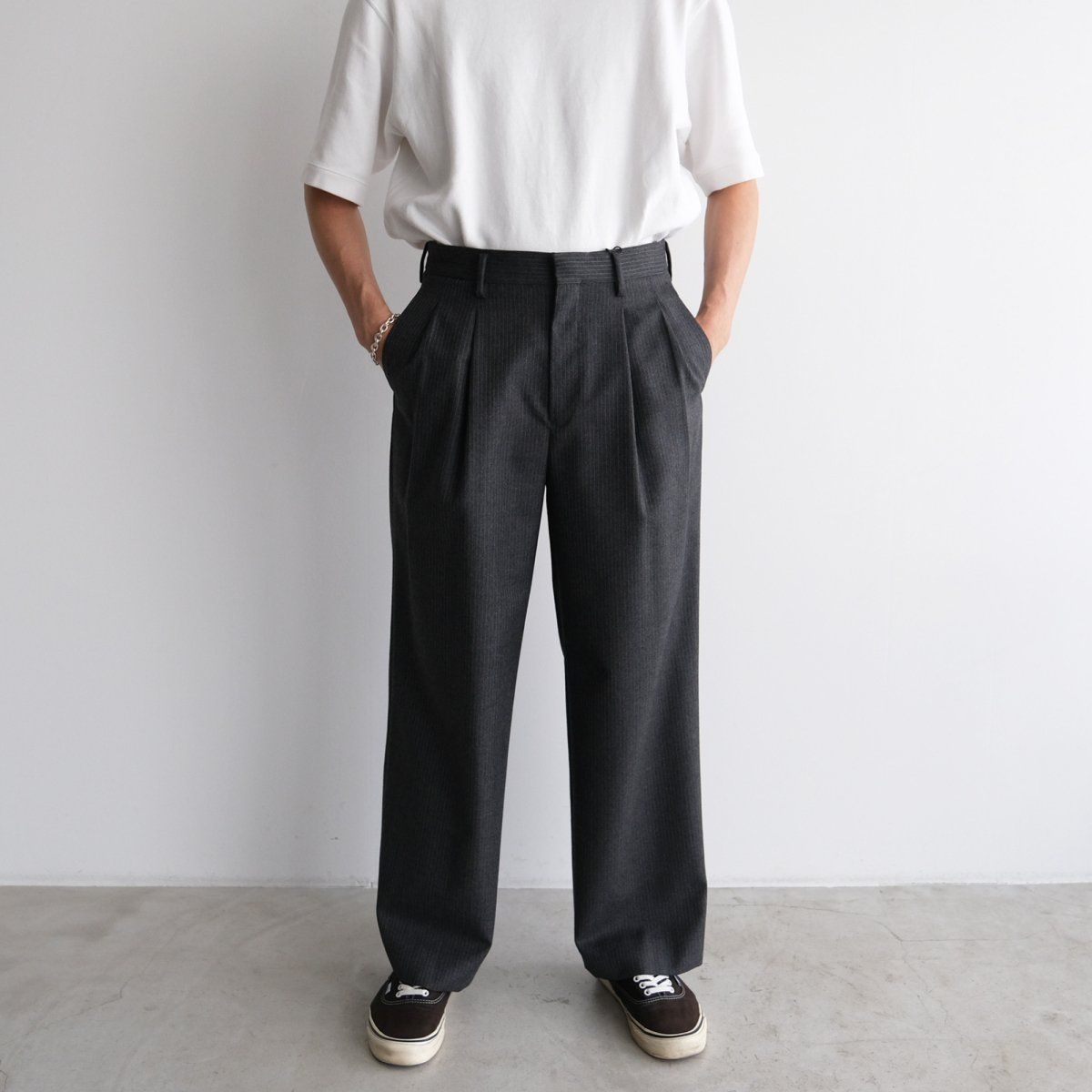 URU - 残り1点『WOOL STRIPE 2 TUCK PANTS』-パンツ-（ GRAY / グレー） | STACK STORE