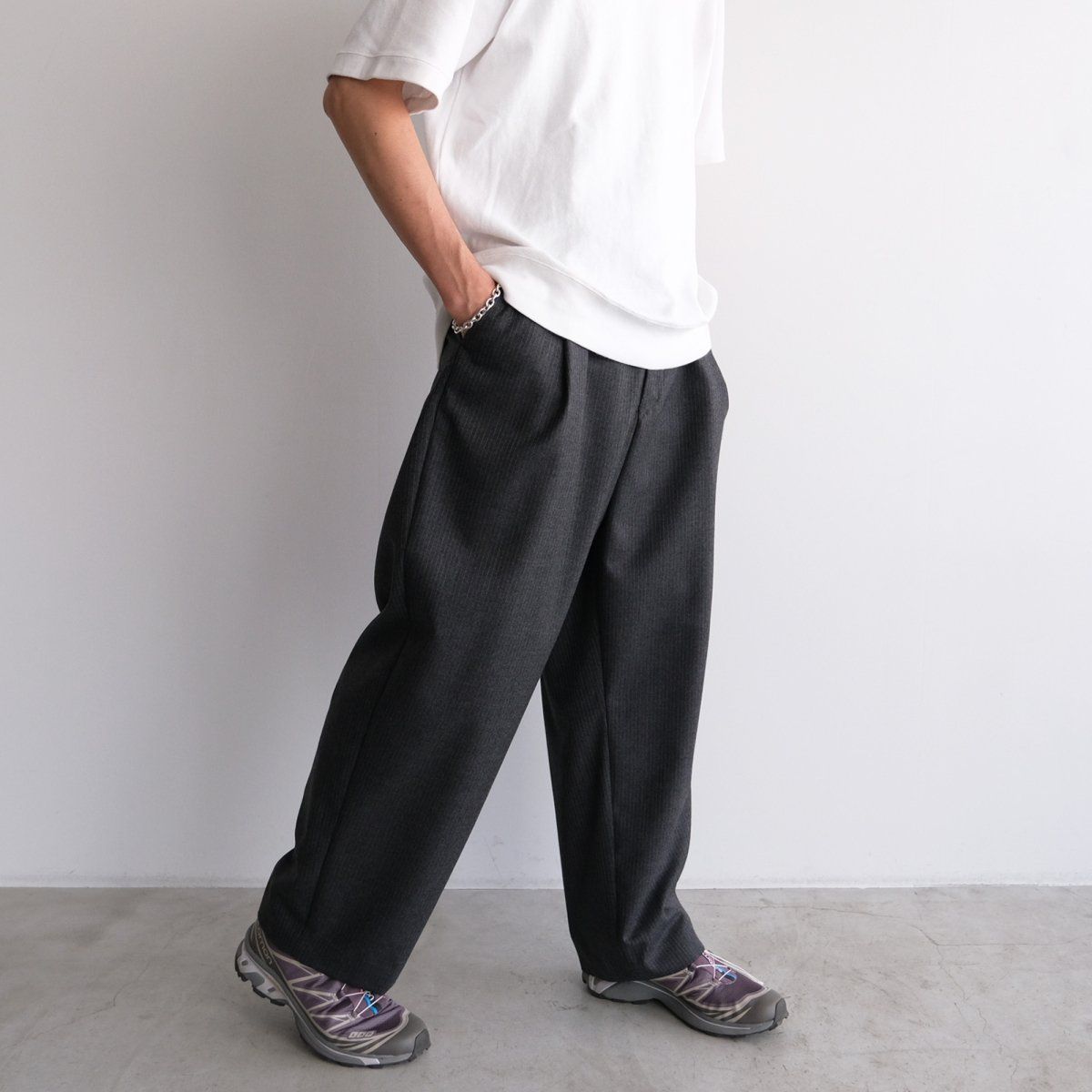 URU - 残り1点『WOOL STRIPE OVER TUCK PANTS for STACK STORE