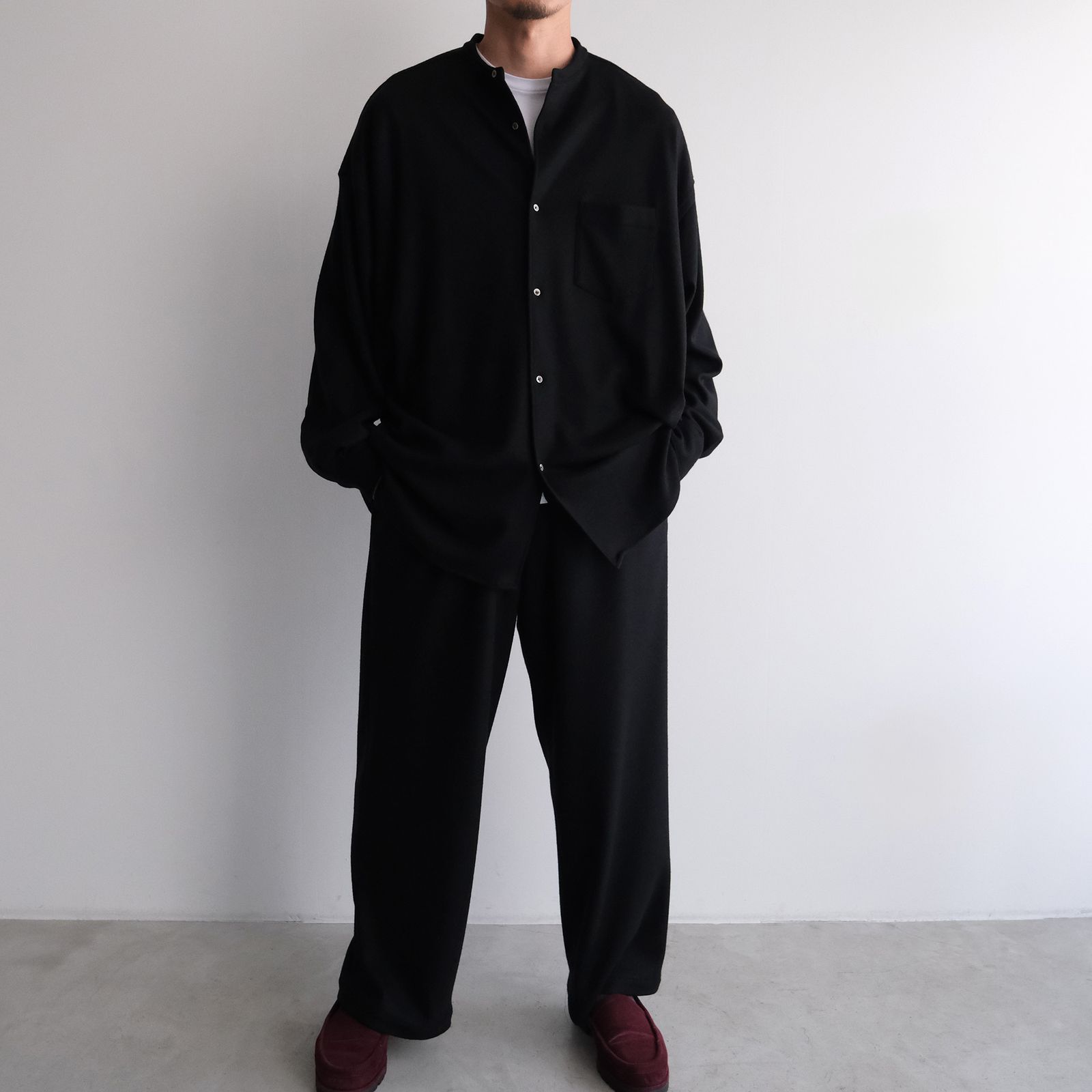 Wool Smooth Flannel Oversized Band Collar Shirt -オーバーサイズシャツ-（Black / ブラック）GU253-50222B