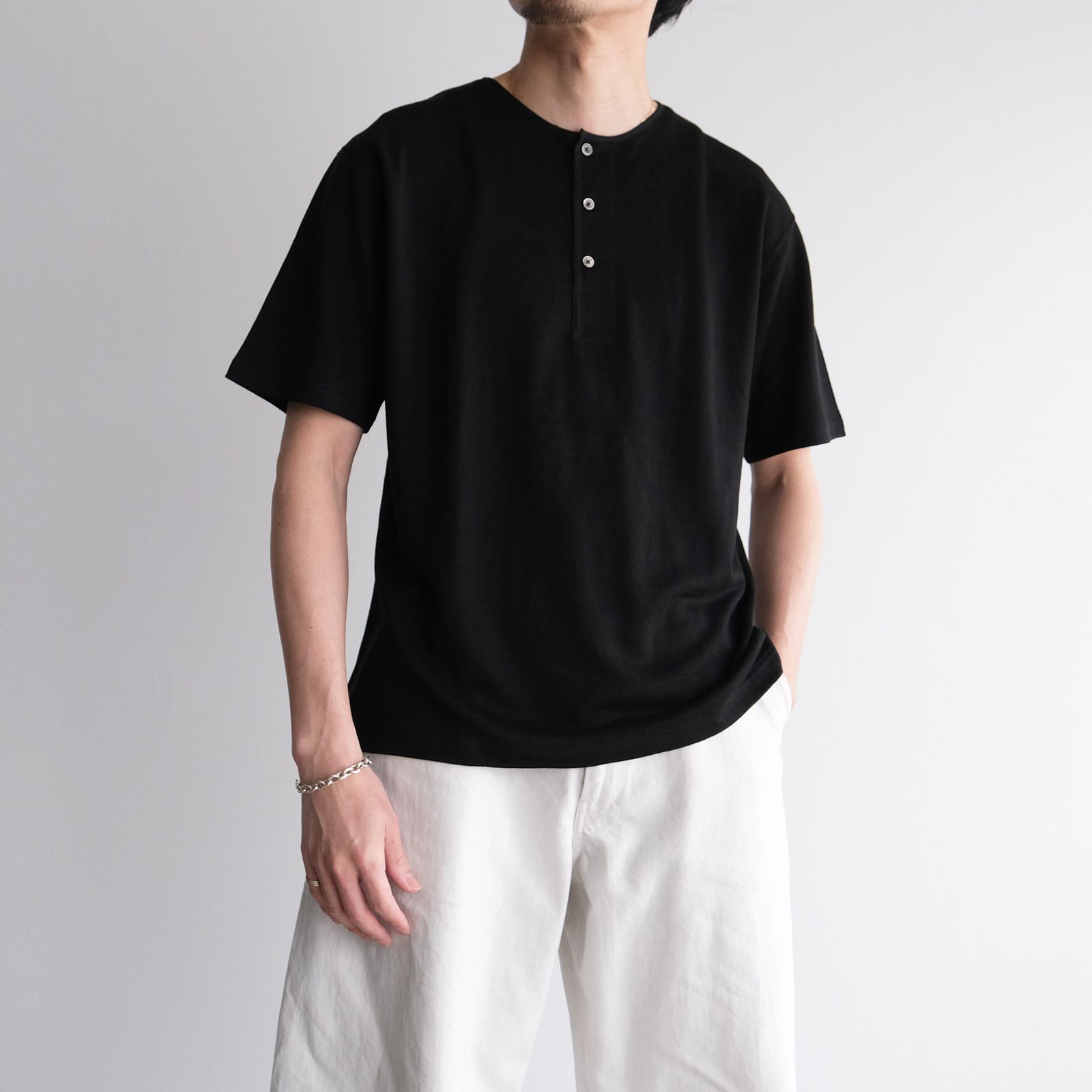Linen 10oz Henry Neck Pullover -Tシャツ-（Black / ブラック）