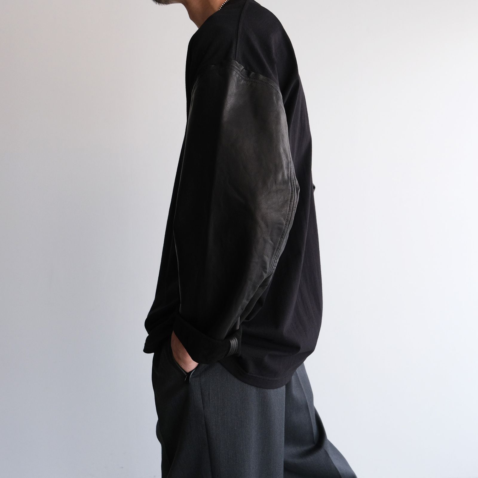 Washable Leather Sleeve：L/S T-Shirts -Tシャツ（Black / ブラック）