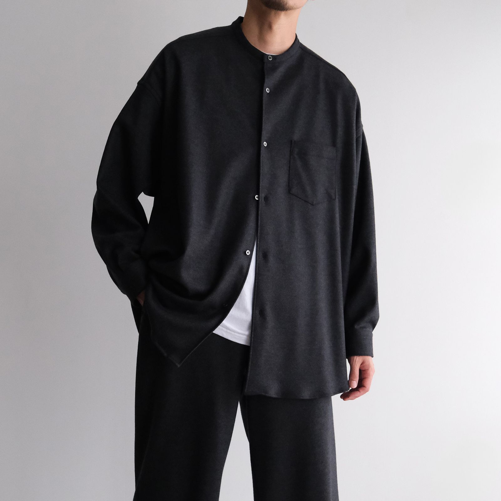 Wool Smooth Flannel Oversized Band Collar Shirt -オーバーサイズシャツ-（Gray / グレー）GU253-50222B