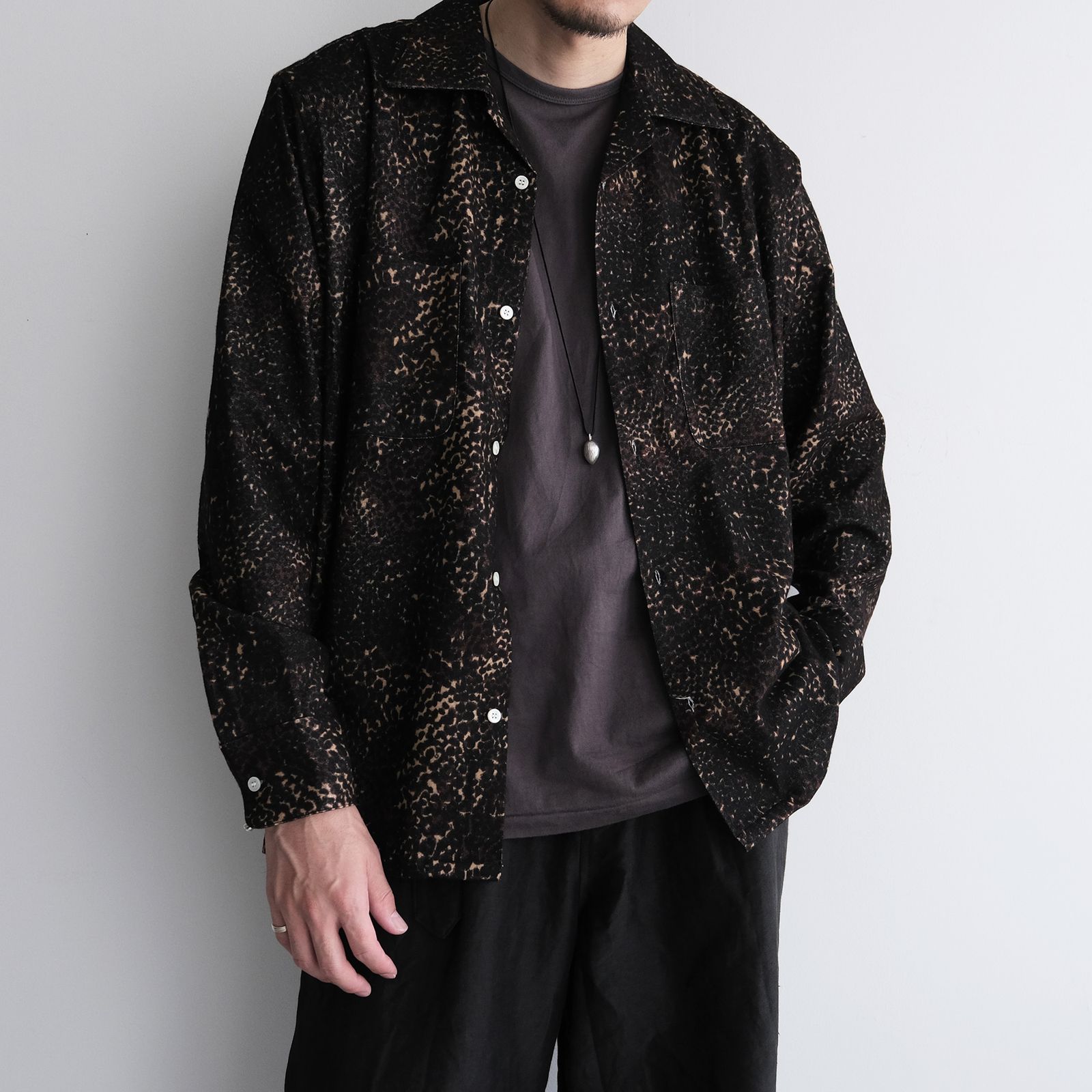 Leopard Flannel Open Collar Shirt -シャツ-（Brown / ブラウン）