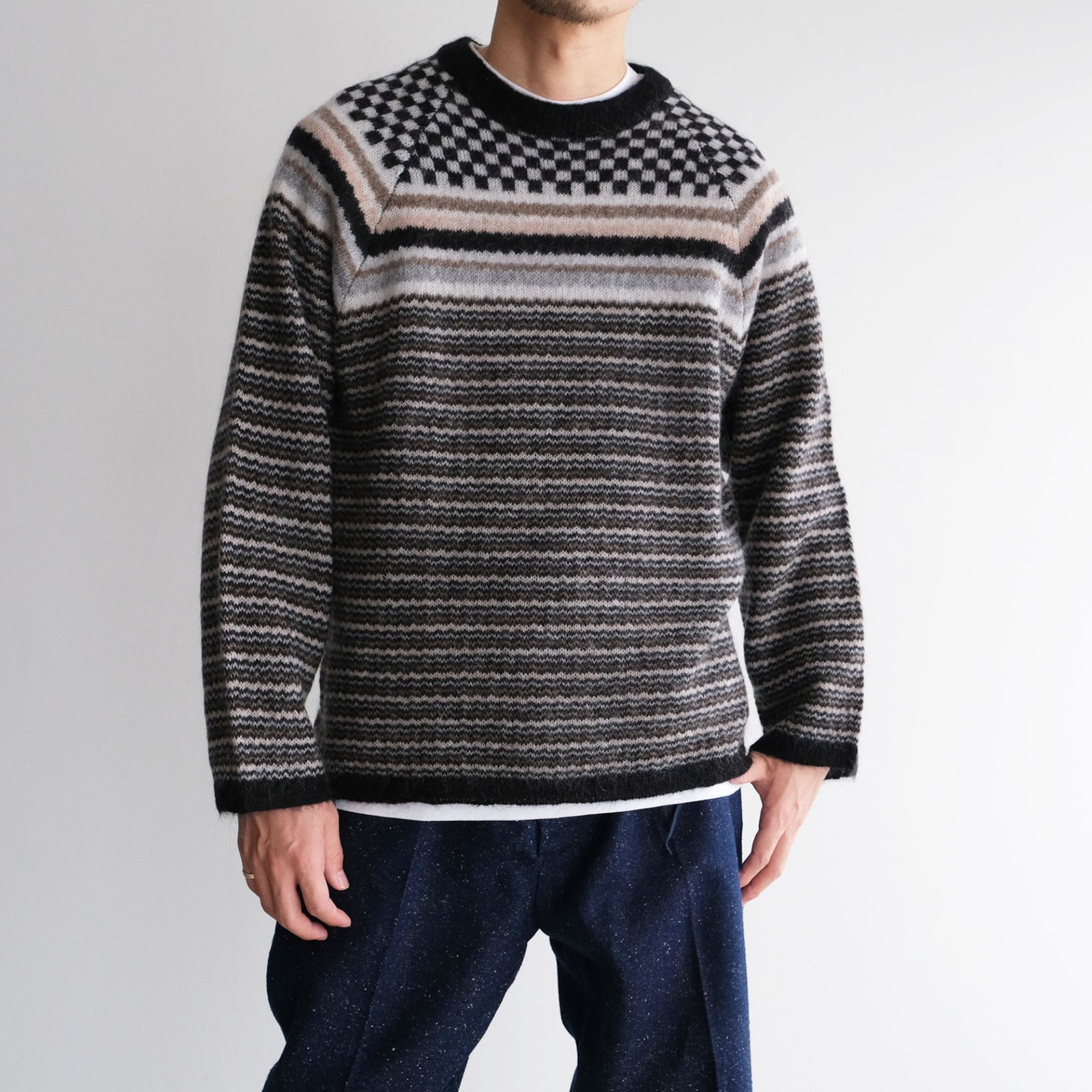 Checker & Stripe Sweater -ニット-（Black / ブラック）