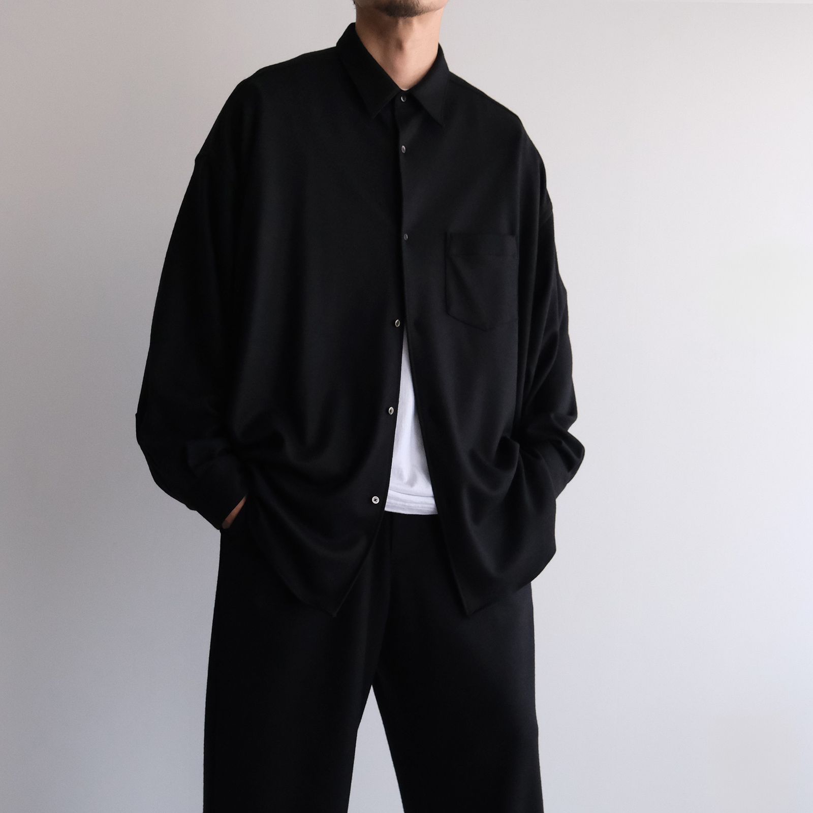 Wool Smooth Flannel Oversized Regular Collar Shirt -オーバーサイズシャツ-（Black / ブラック）GU253-50221B