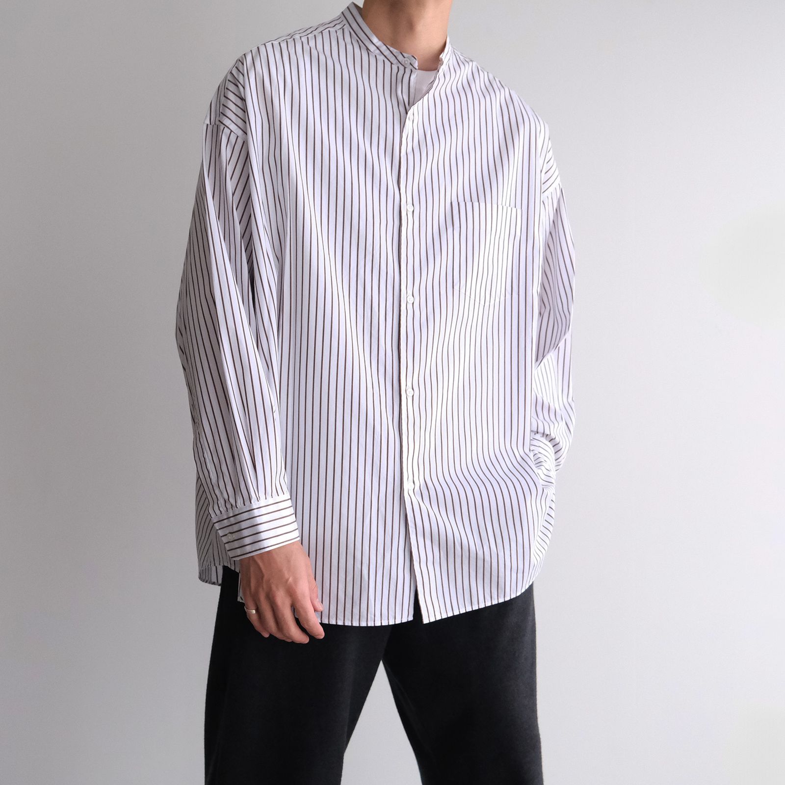 Graphpaper - Sidogras Stripe L/S Oversized Band Collar Shirt