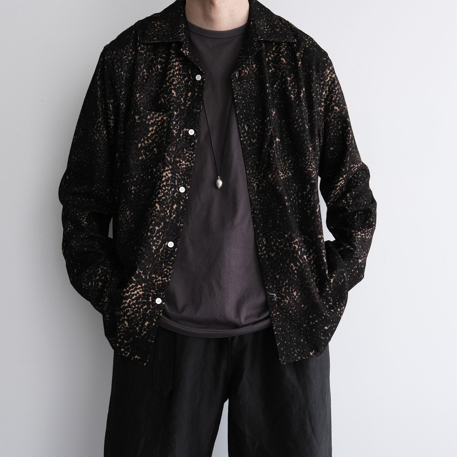 Leopard Flannel Open Collar Shirt -シャツ-（Brown / ブラウン）