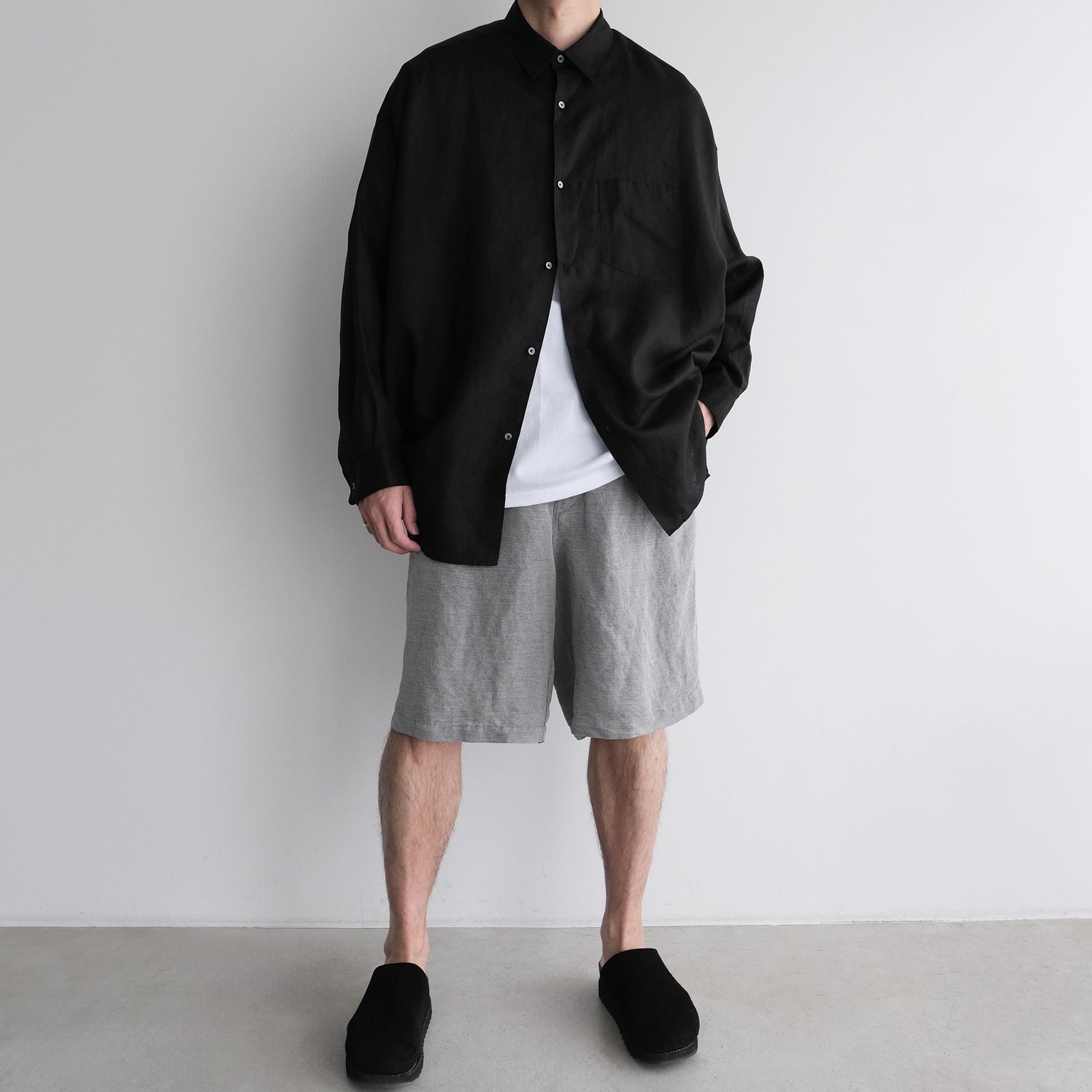 Linen L/S Oversized Regular Collar Shirt -シャツ-（Black / ブラック）GM262-50039B