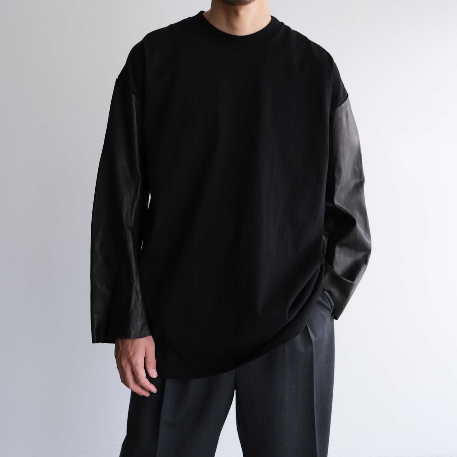 Washable Leather Sleeve：L/S T-Shirts -Tシャツ（Black / ブラック）