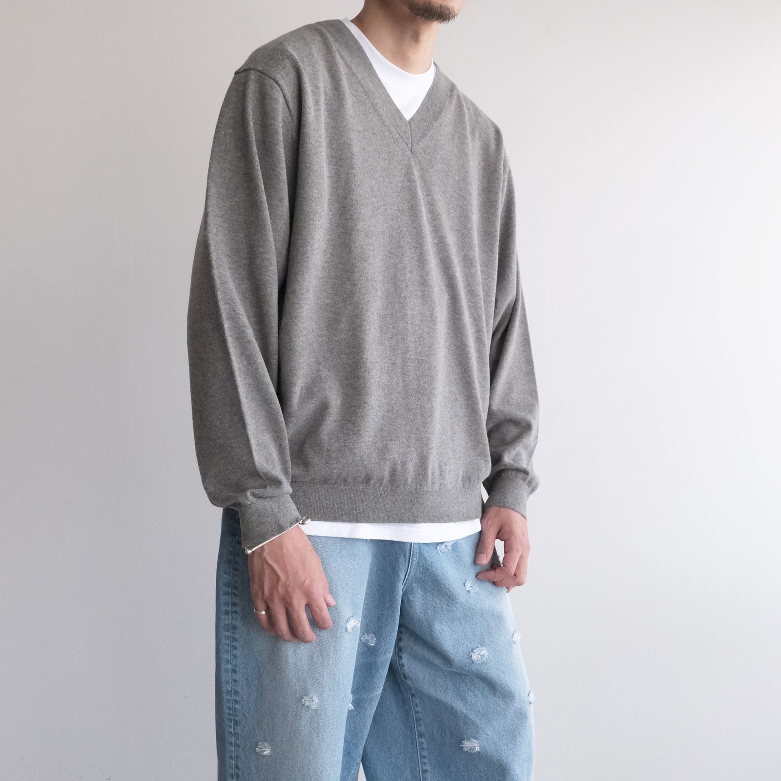 Cotton Yak Knit V-Neck Sweater -セーター-（Gray / グレー）