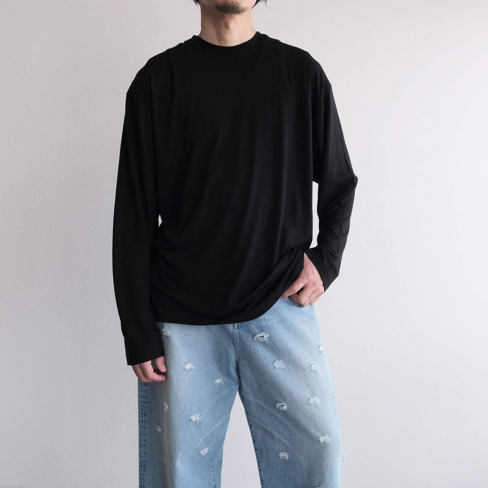 Royal Wool Jersey Loose Fit Long Sleeve T-Shirt -Tシャツ-（Black / ブラック）