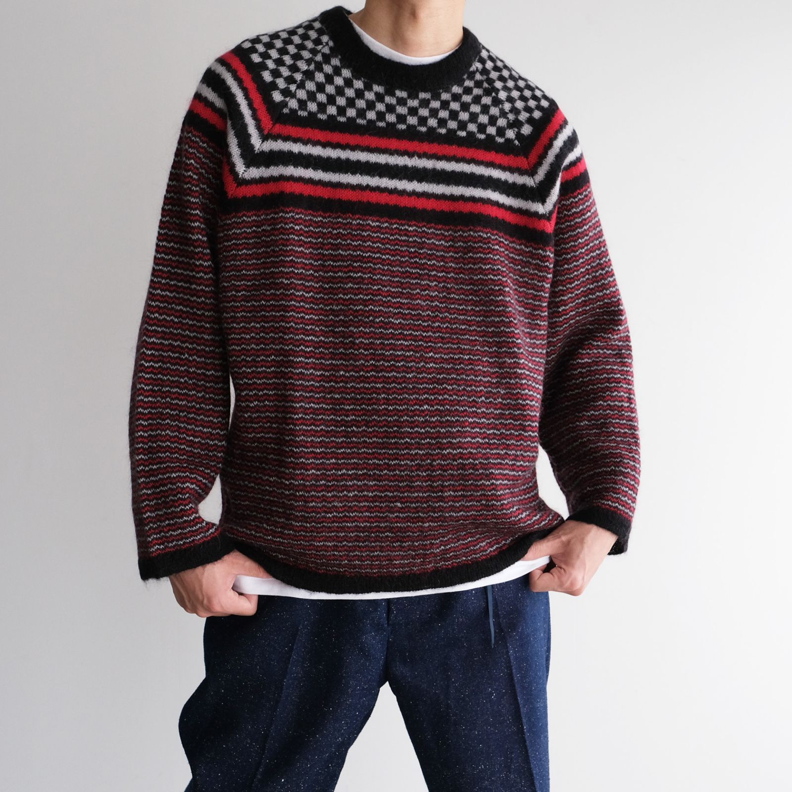 Checker & Stripe Sweater -ニット-（Red / レッド）
