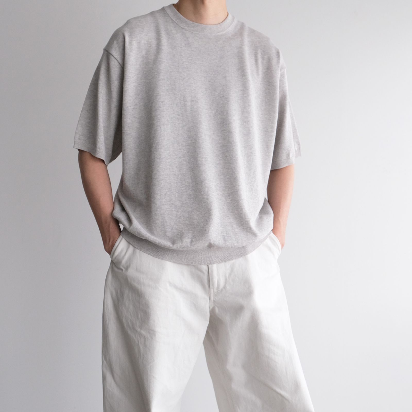 Cotton Washi Knit Half Sleeve Crew Neck Sweater -Tシャツ-（Gray / グレー）