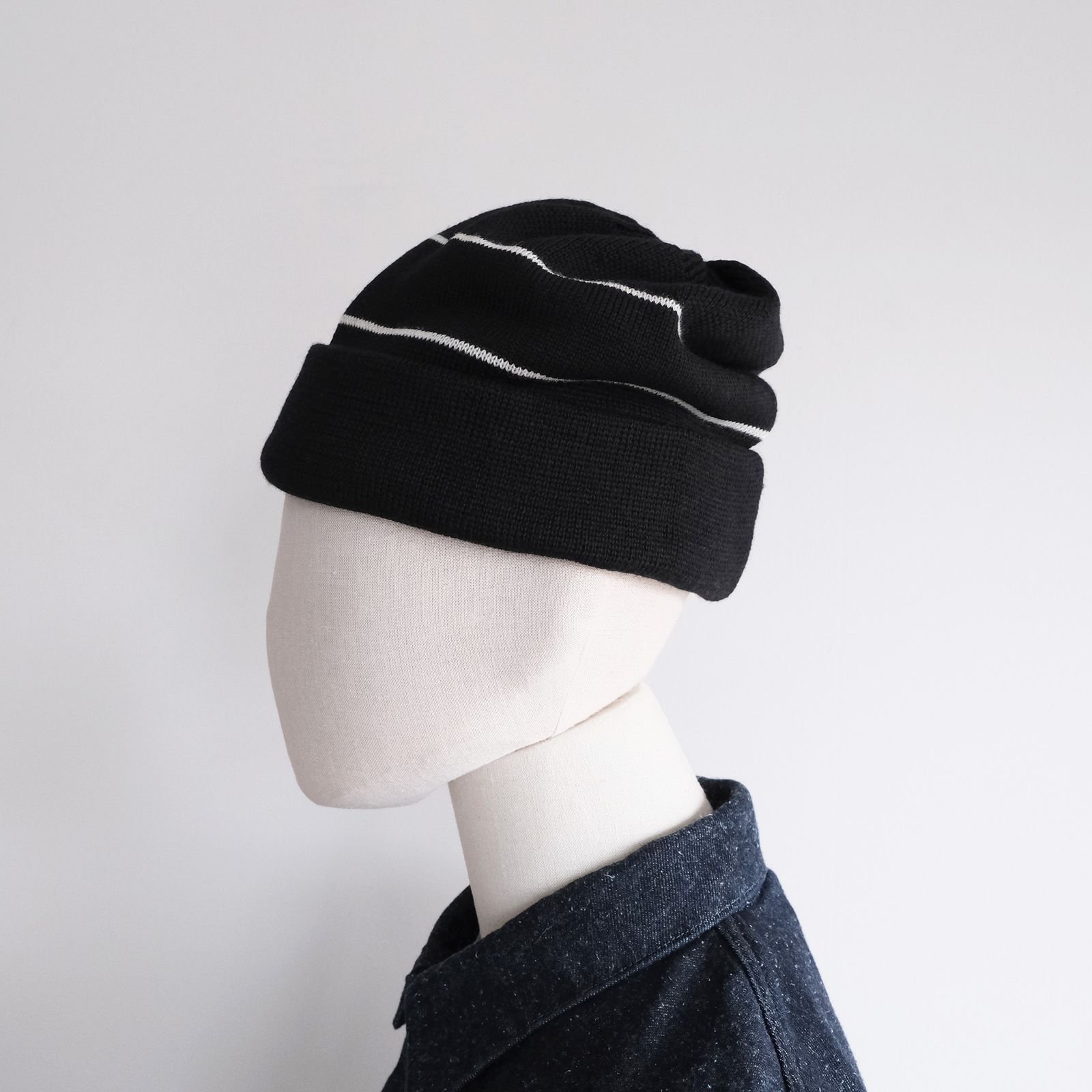 2 Line Merino Wool Knit -ニットキャップ-（Black×White / ブラック×ホワイト）