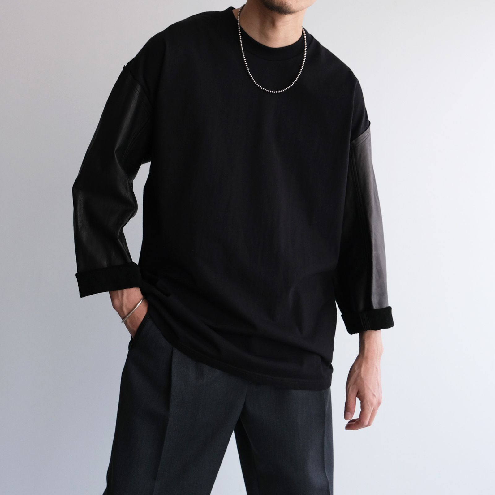 Washable Leather Sleeve：L/S T-Shirts -Tシャツ（Black / ブラック）