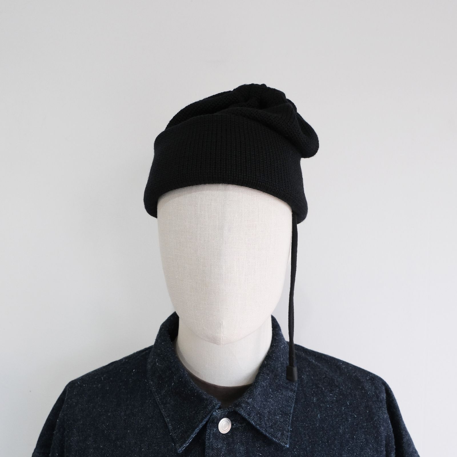Drawstring Wool Knit & Neck Warmer -ニットキャップ-（Black / ブラック）
