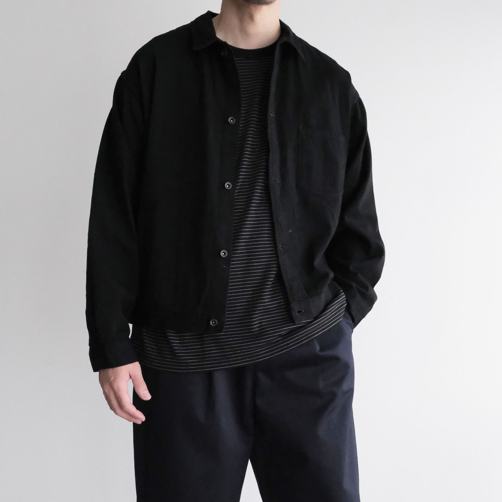 Fine Wool Border L/S Crew Neck Tee -Tシャツ-（Black×Gray / ブラック×グレー）GU263-70158B