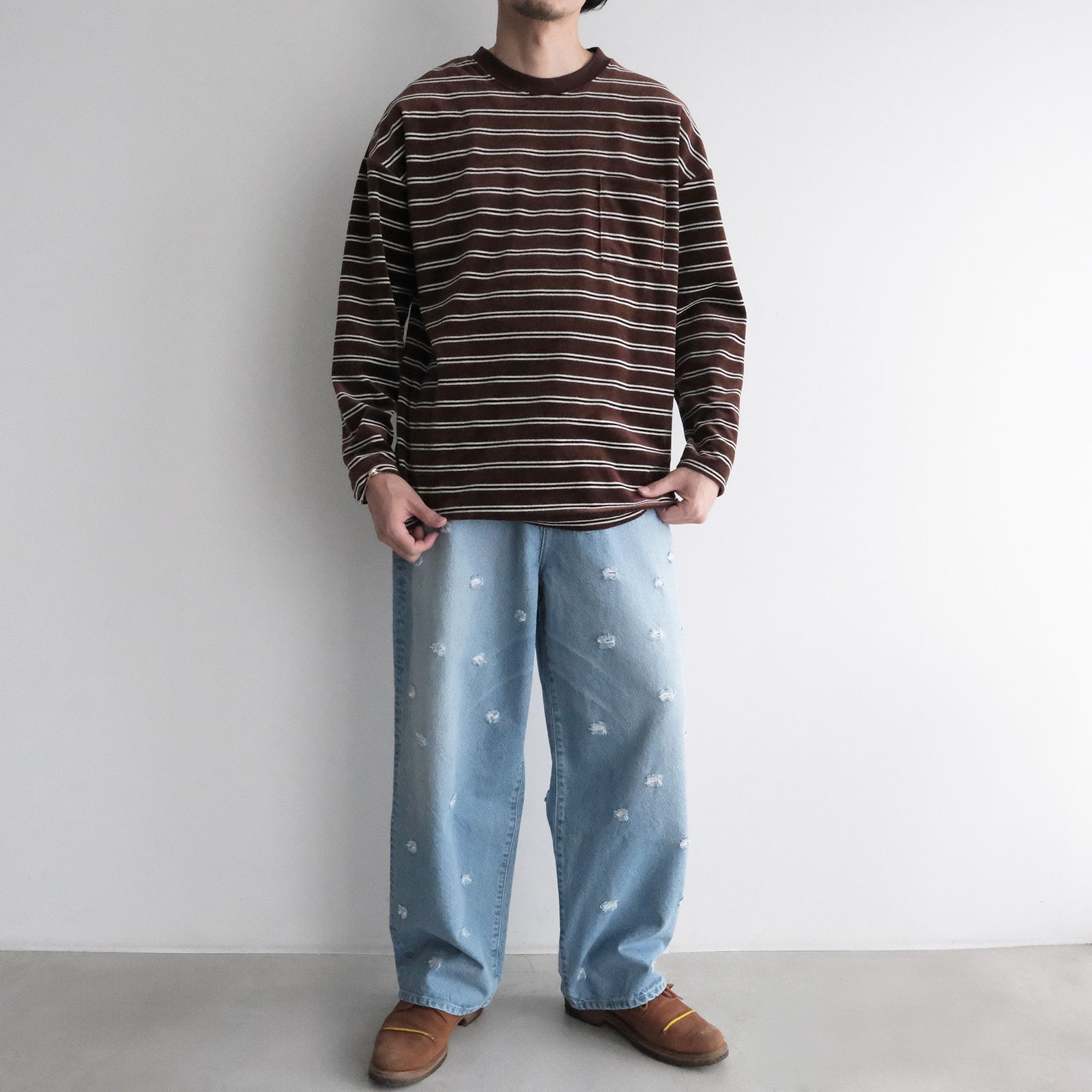 Velvet Border Long Sleeve Tee -Tシャツ-（Brown×Navy / ブラウン×ネイビー）