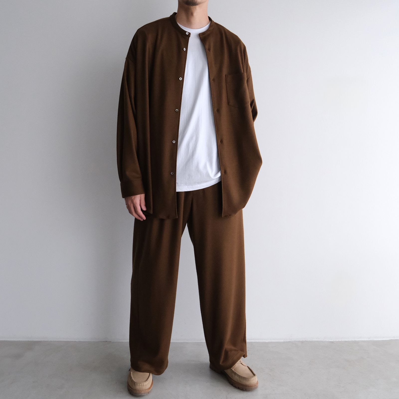 Wool Smooth Flannel Oversized Band Collar Shirt -オーバーサイズシャツ-（Brown / ブラウン）GU253-50222B