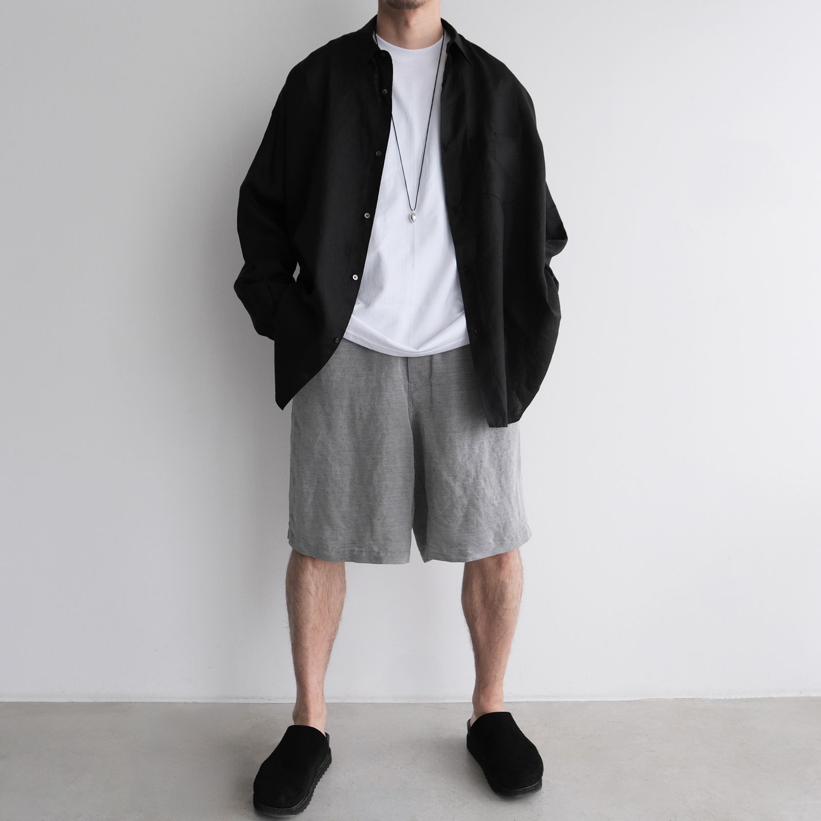 Linen L/S Oversized Regular Collar Shirt -シャツ-（Black / ブラック）GM262-50039B