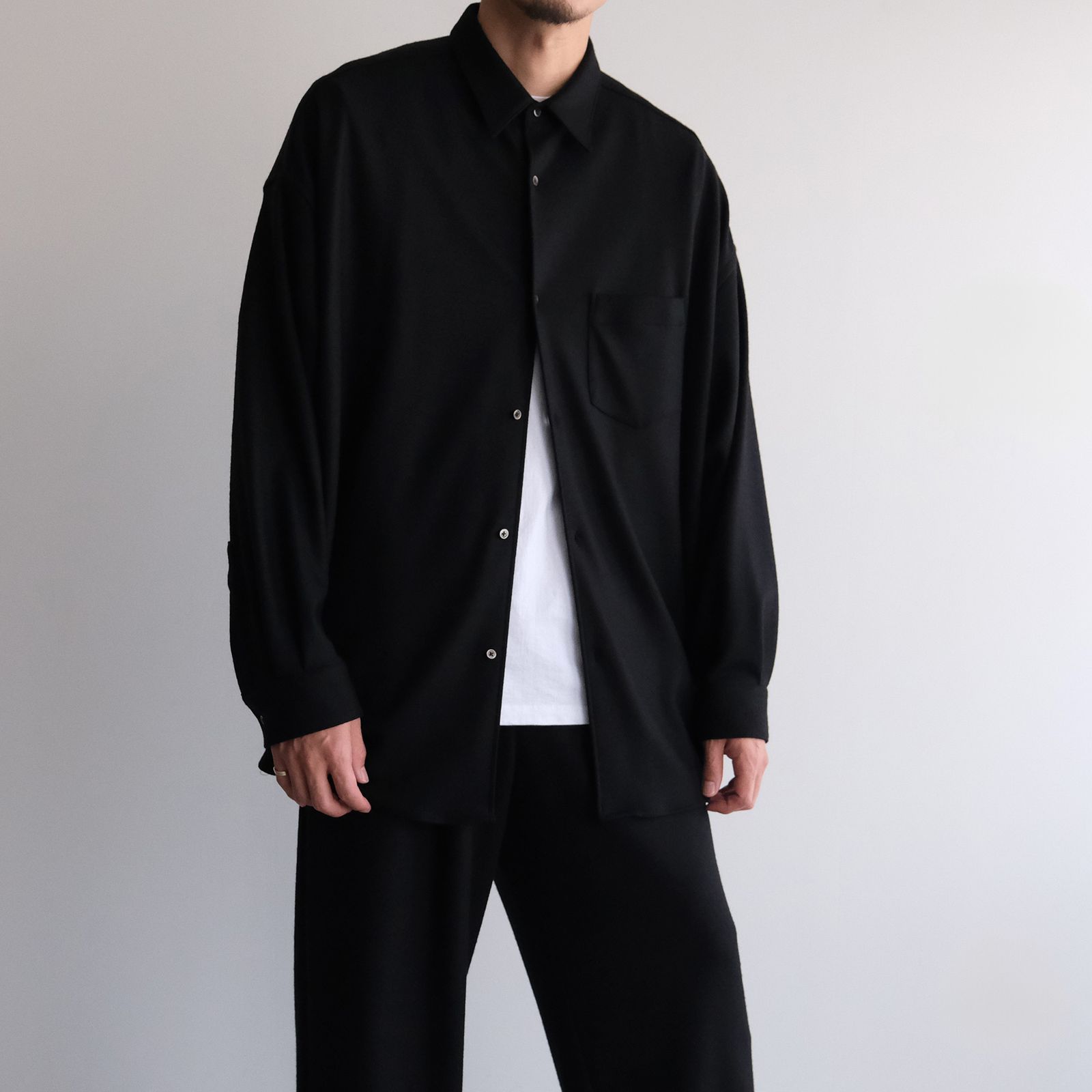 Wool Smooth Flannel Oversized Regular Collar Shirt -オーバーサイズシャツ-（Black / ブラック）GU253-50221B