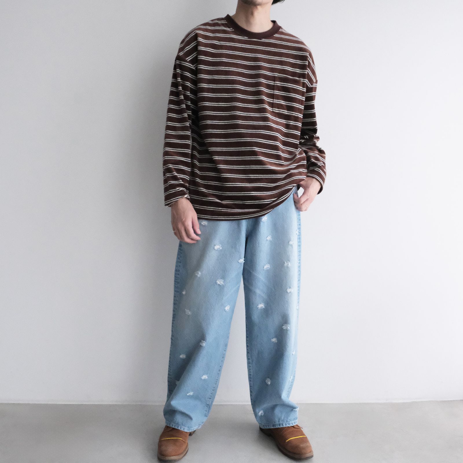 Velvet Border Long Sleeve Tee -Tシャツ-（Brown×Navy / ブラウン×ネイビー）